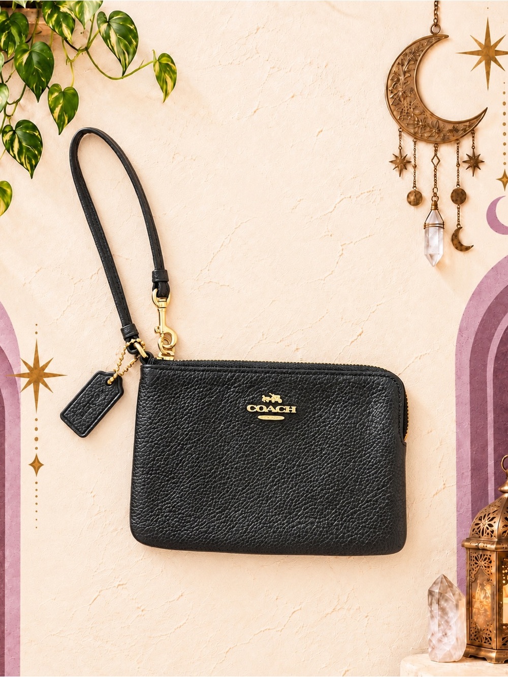 Coach Black Pebbled Leather Wristlet | Gold Hardware